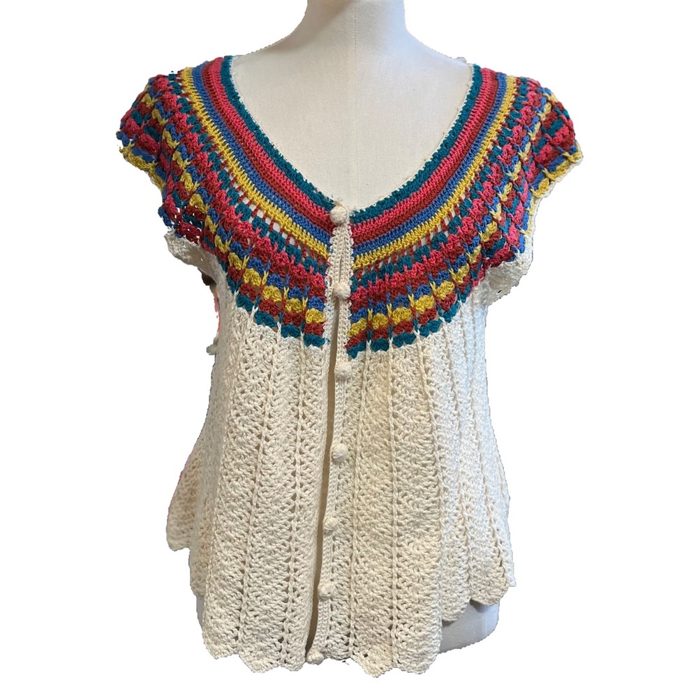 Crochet Cardigan by Twenty One | Size Large | Cream, Red, Blue | Stylish & Cozy!